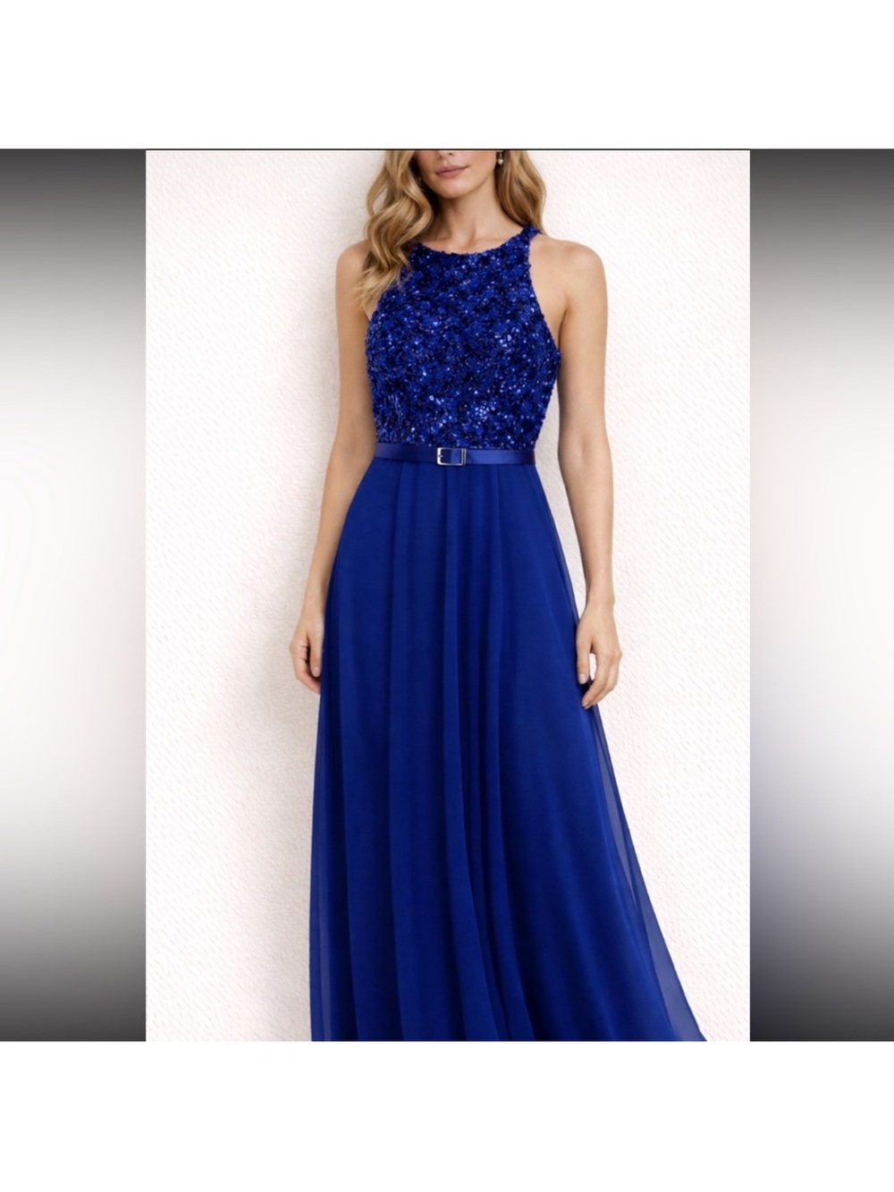 Sleeveless Royal Blue Beaded Evening Gown